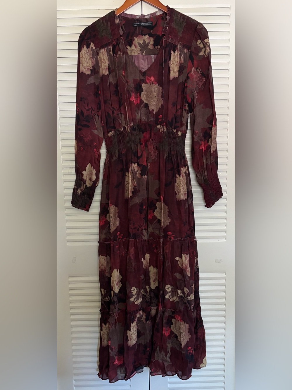 Peruvian Connection Floral Maxi Dress Women’s Size S Burgundy Boho Long Sleeve